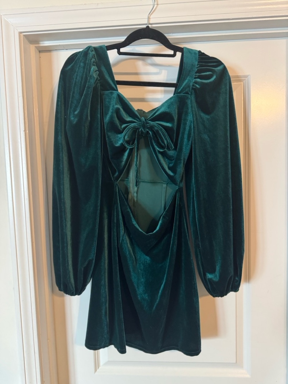 Velvet Cut-Out Tie-Front Mini Dress in Deep Green